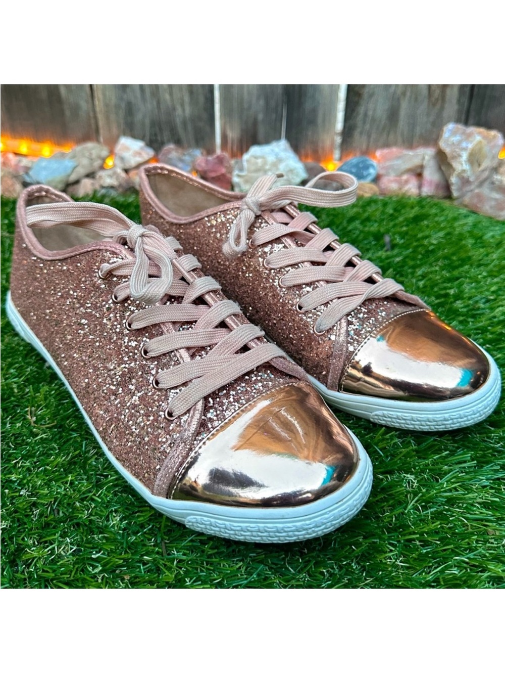 De Blossom Collection Rose Gold Glitter Lace-Up Sneakers